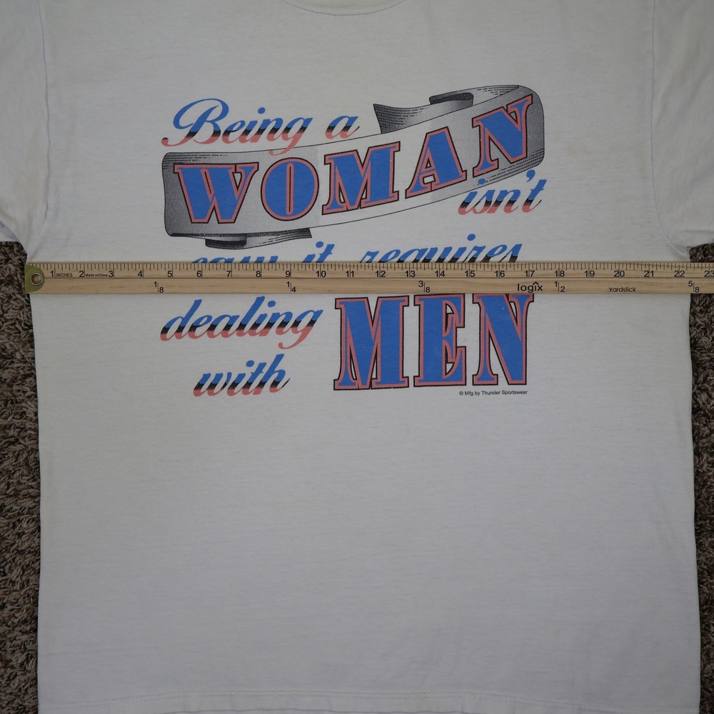 Vintage 90s Being A Woman Funny Slogan Graphic T-Shirt Large White Tee - Picture 9 of 11